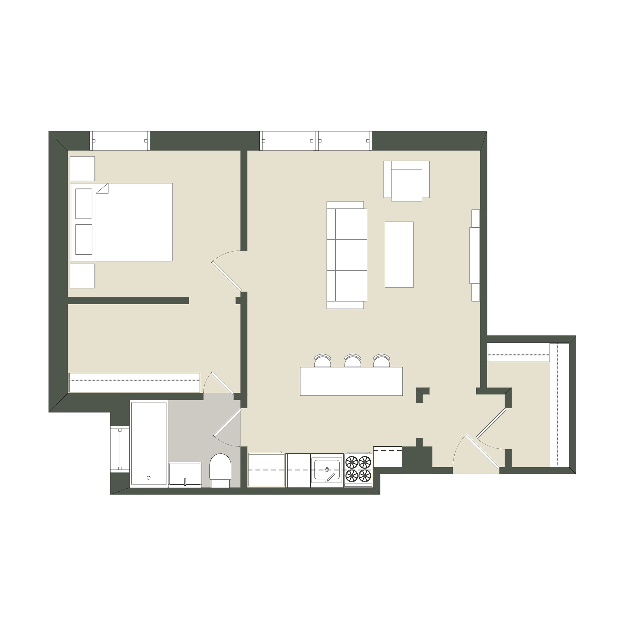 Floor plan for 1 bed, 1 bath, 526 sqft